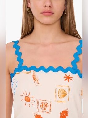 CeCe Whimsical Seashore Themed Linen-Blend Maxi Sundress w Blue Ric Rac Trim S